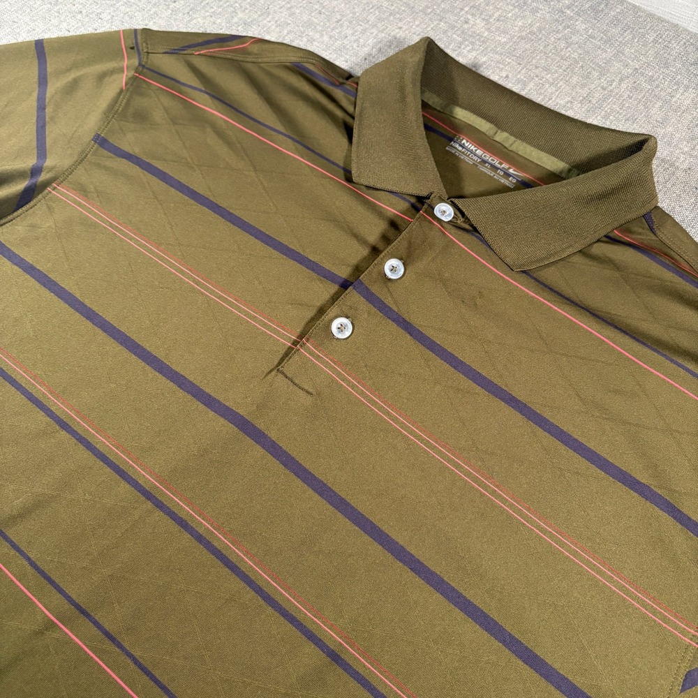 Nike Golf Polo Shirt Mens XL Olive Green Striped Fit Dry Short Sleeve Diamond